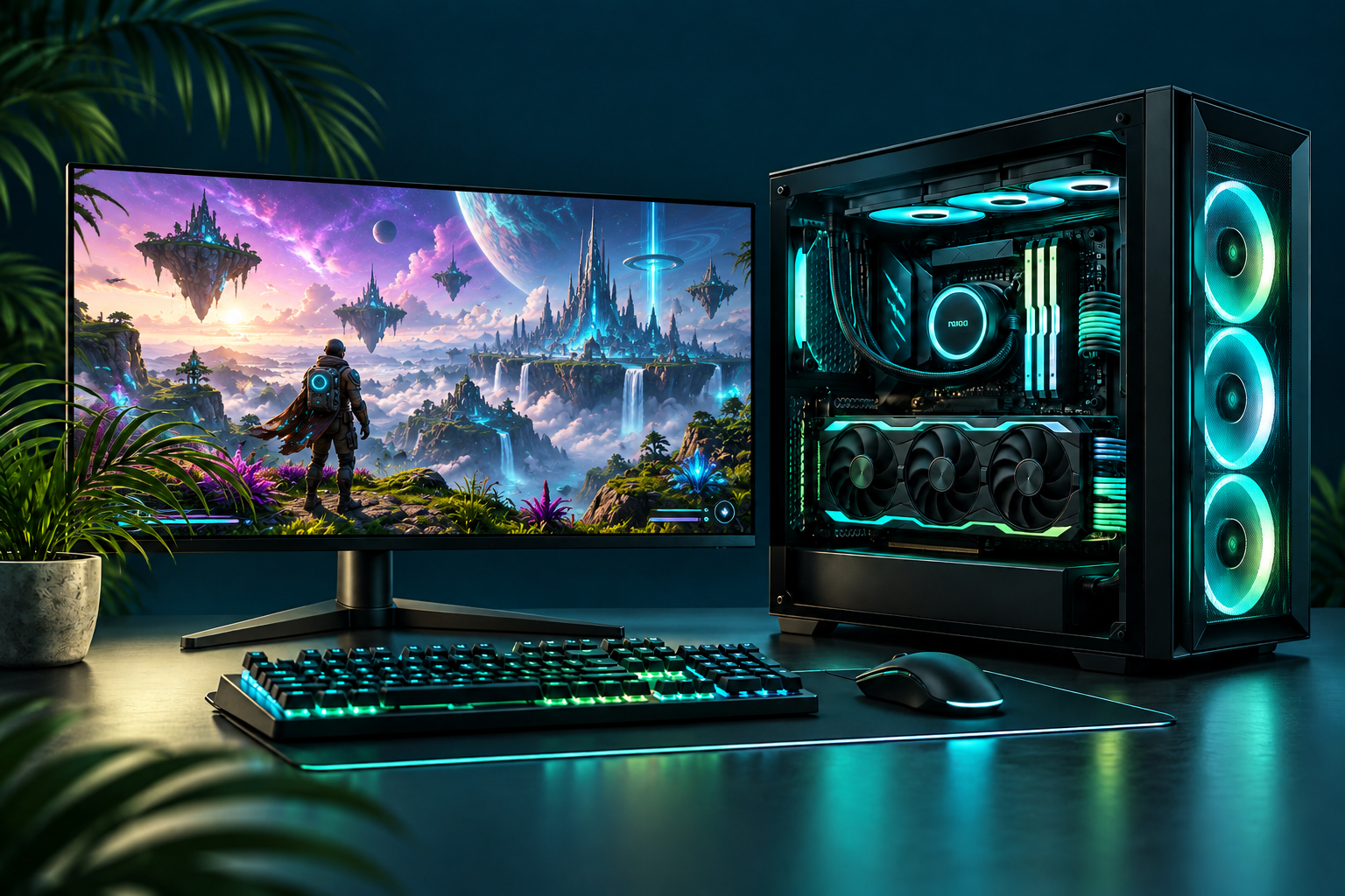 Custom gaming PC with turquoise lighting and an original adventure game scene on its monitor